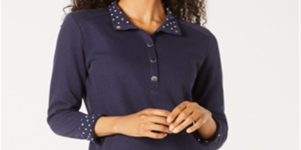 Karen Scott Women's Solid & Printed Collared Top Blue Size Petite L