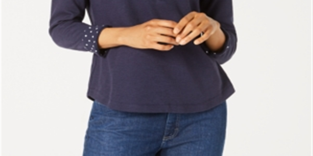 Karen Scott Women's Solid & Printed Collared Top Blue Size Petite L
