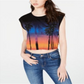 Guess Women's Printed Cap Sleeve Crew Neck Crop Top Black Size Large