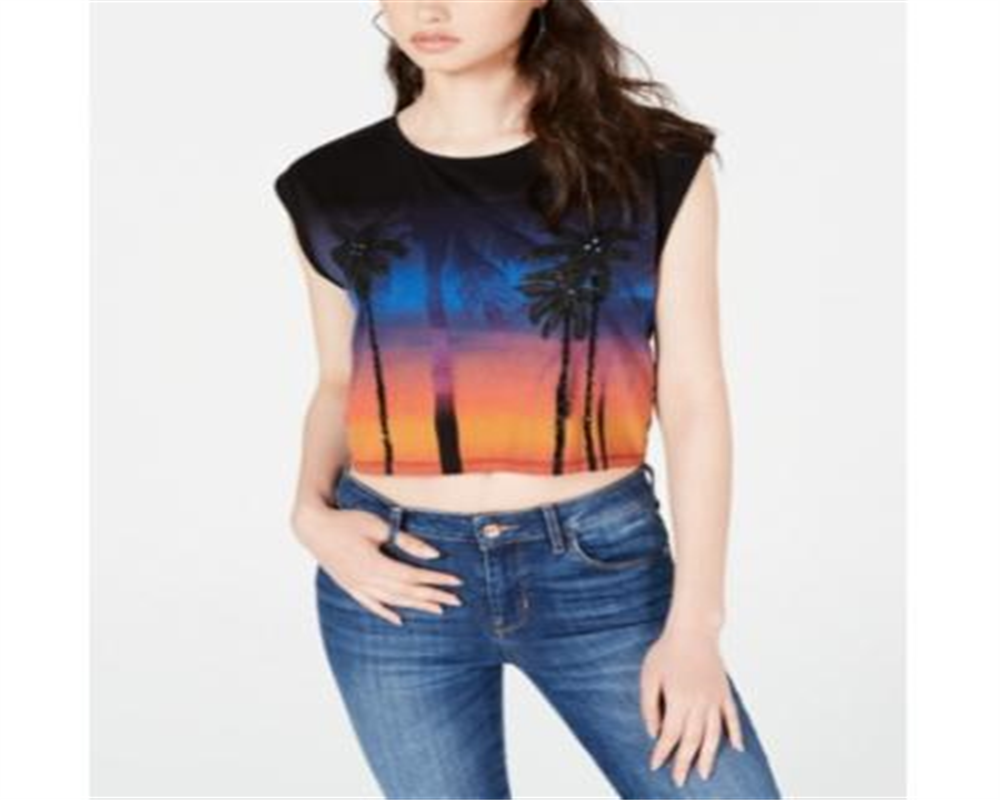 Guess Women's Printed Cap Sleeve Crew Neck Crop Top Black Size Large