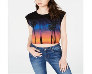 Guess Women's Printed Cap Sleeve Crew Neck Crop Top Black Size Large