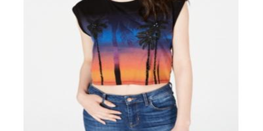 Guess Women's Printed Cap Sleeve Crew Neck Crop Top Black Size Large