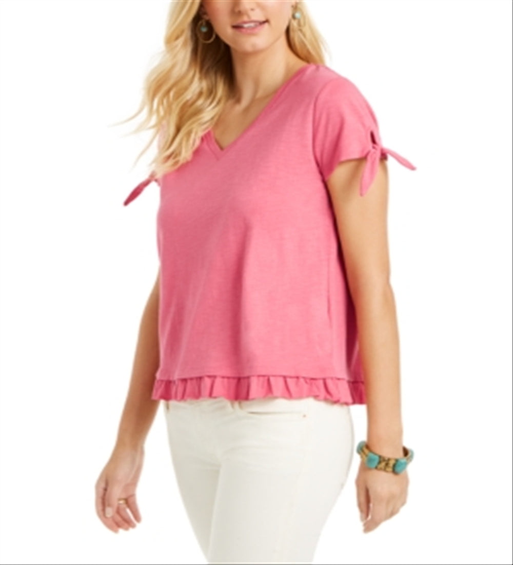 Style & Co Women's Tie-Cuff Ruffled Top Pink Size Petite