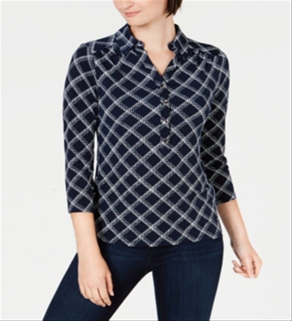 Charter Club Women's Plaid Polo Shirt Blue Size Small