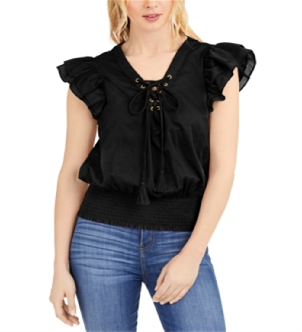 INC International Concepts Women's Lace up Ruffle Sleeves Blouse Black Size Medium