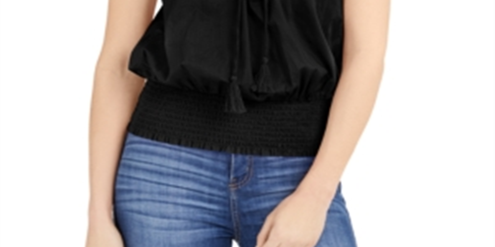 INC International Concepts Women's Lace up Ruffle Sleeves Blouse Black Size Medium