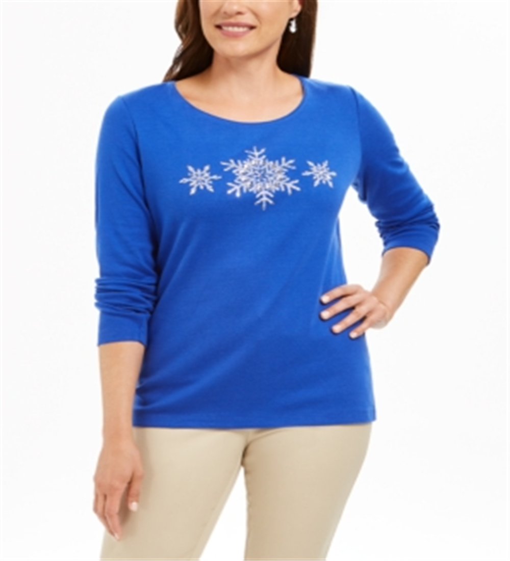 Karen Scott Women's Glitter Snowflake Cotton Top Blue Size Small
