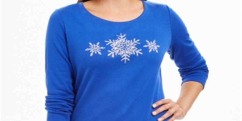 Karen Scott Women's Glitter Snowflake Cotton Top Blue Size Small