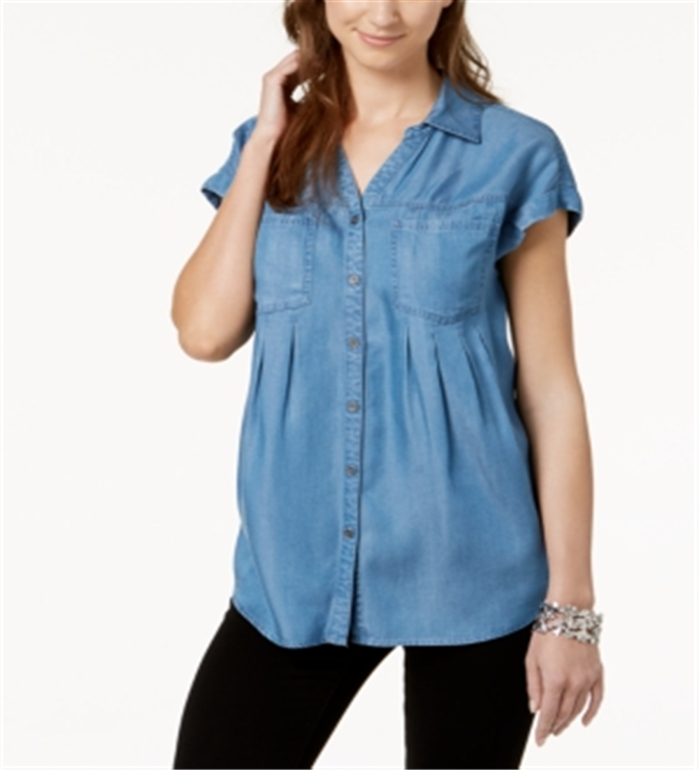 Style & Company Women's Short Sleeve Button up Top Blue Size Small