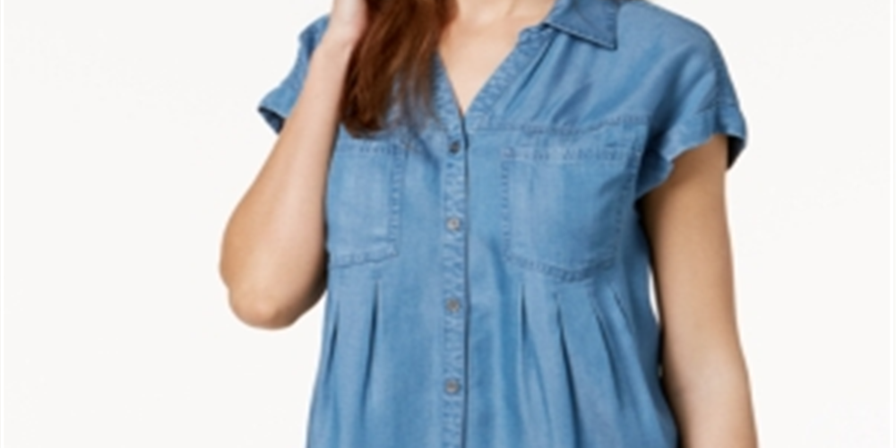 Style & Company Women's Short Sleeve Button up Top Blue Size Small