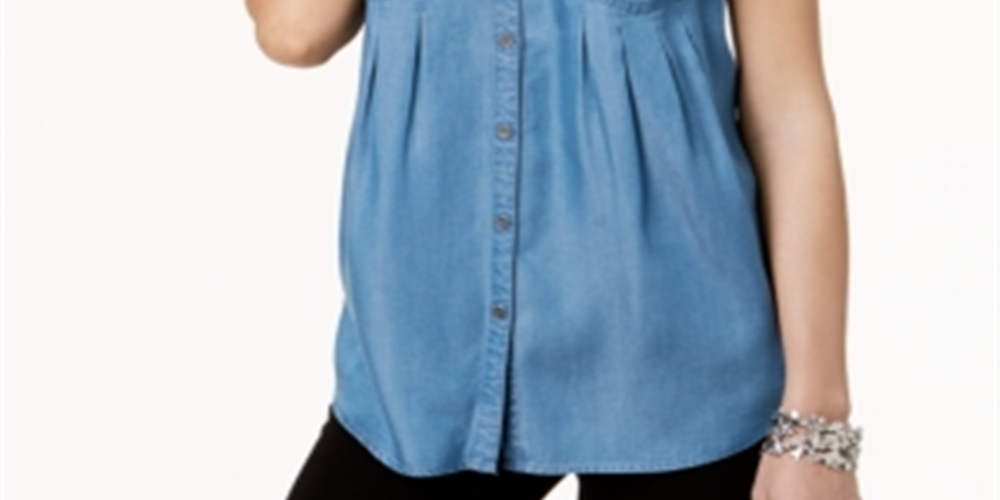 Style & Company Women's Short Sleeve Button up Top Blue Size Small