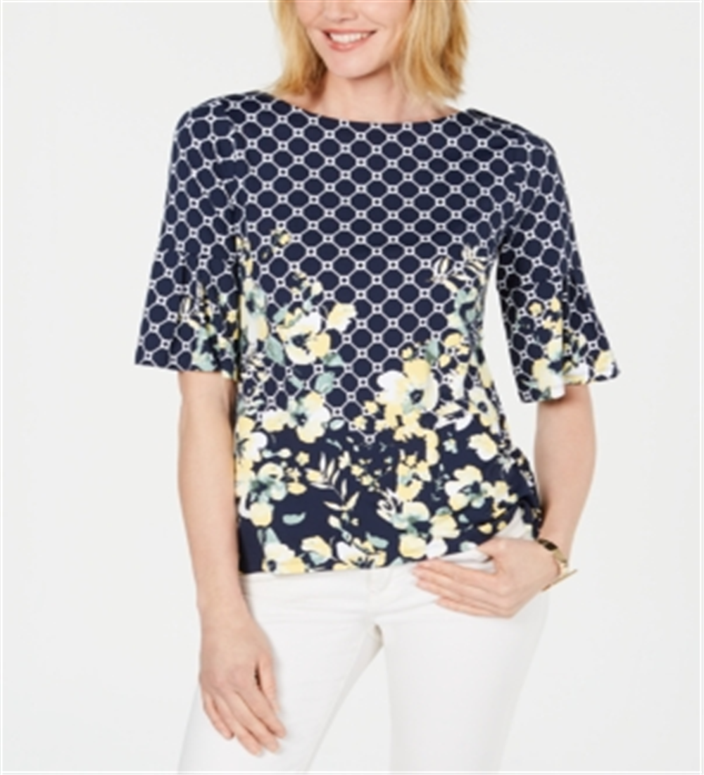 Charter Club Women's Floral-Print Ruffled-Sleeve Top Blue Size Small