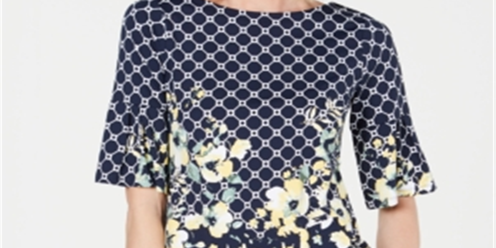 Charter Club Women's Floral-Print Ruffled-Sleeve Top Blue Size Small