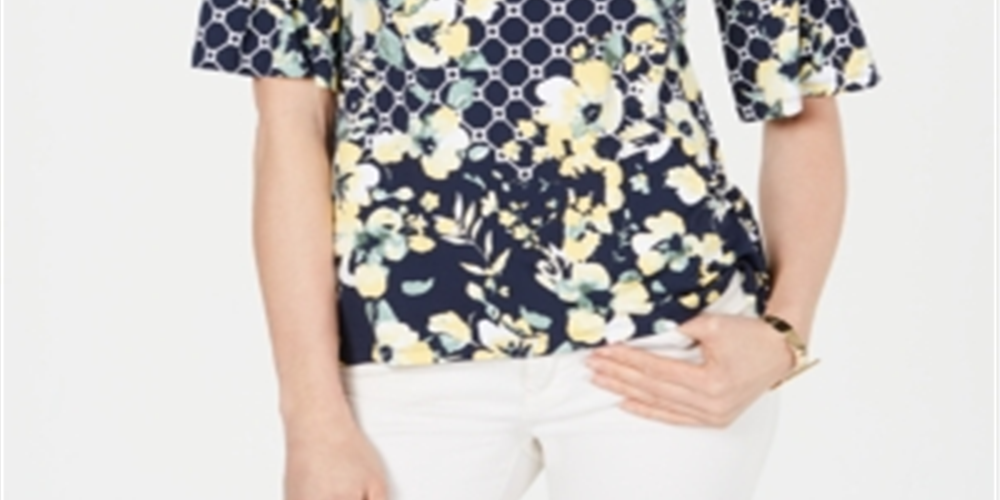 Charter Club Women's Floral-Print Ruffled-Sleeve Top Blue Size Small