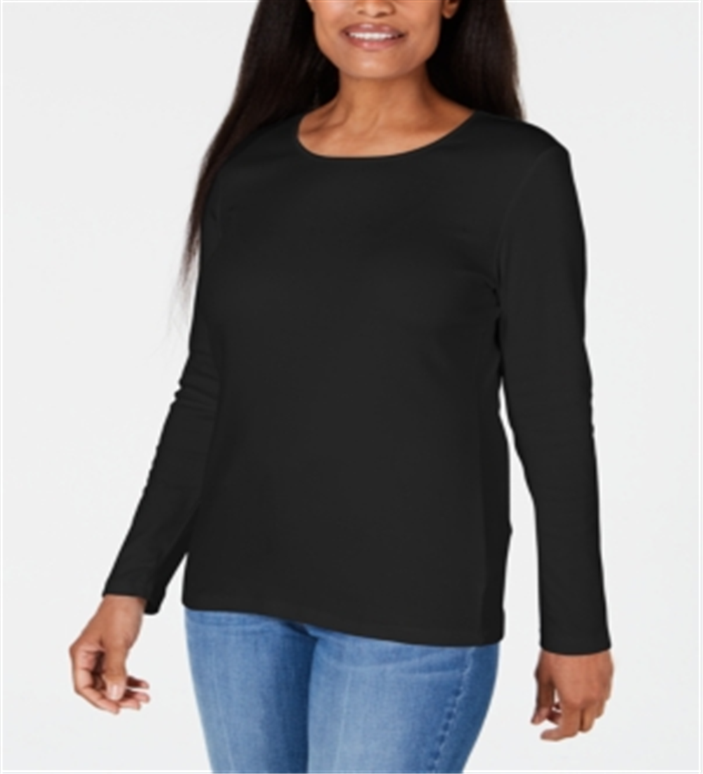 Karen Scott Women's Satin-Trim Scoop-Neck Top Black Size X-Small