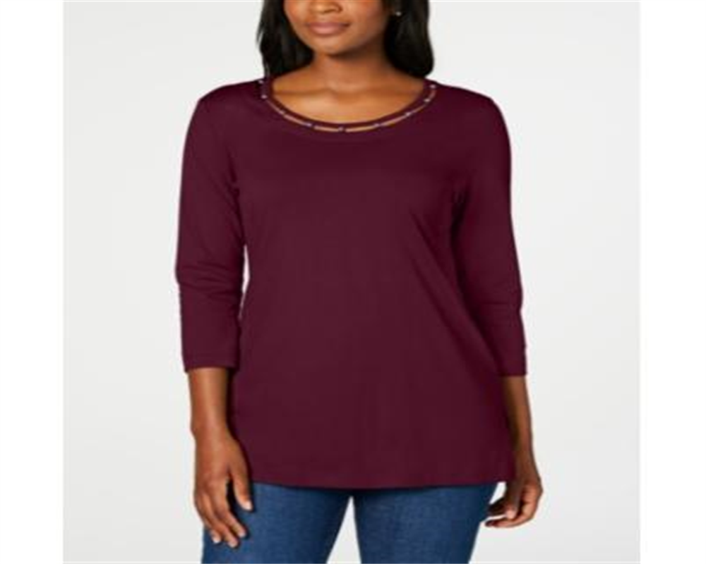 Karen Scott Women's Beaded Top Burgundy Size Small