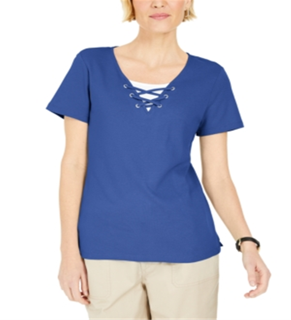Karen Scott Women's Lace-up Layered-Look Top Blue Size Small