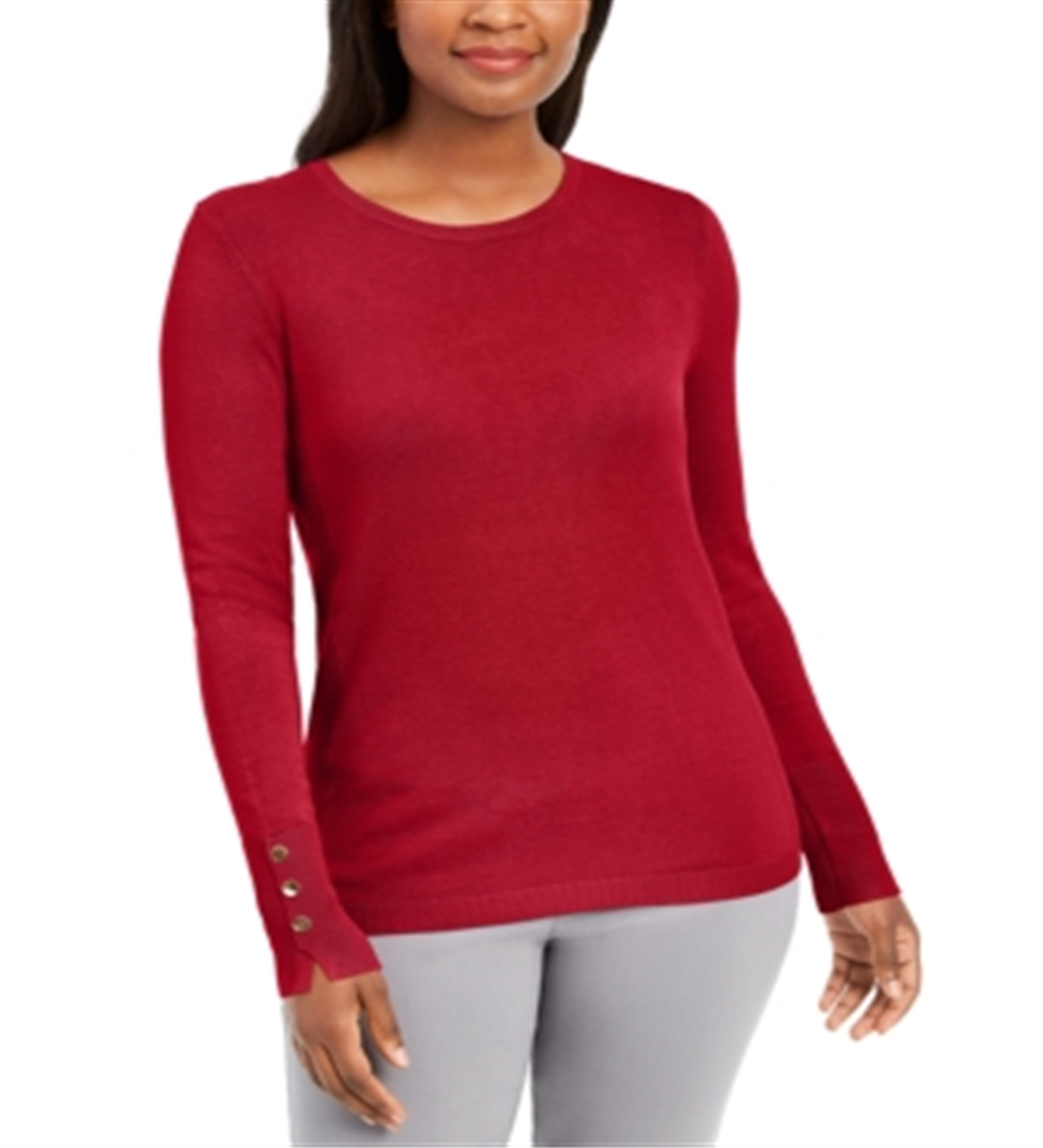 JM Collection Women's Petite Button-Cuff Crewneck Sweater Red Size Petite L