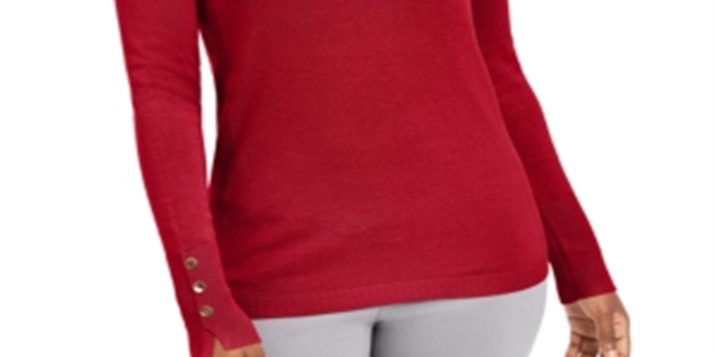 JM Collection Women's Petite Button-Cuff Crewneck Sweater Red Size Petite L