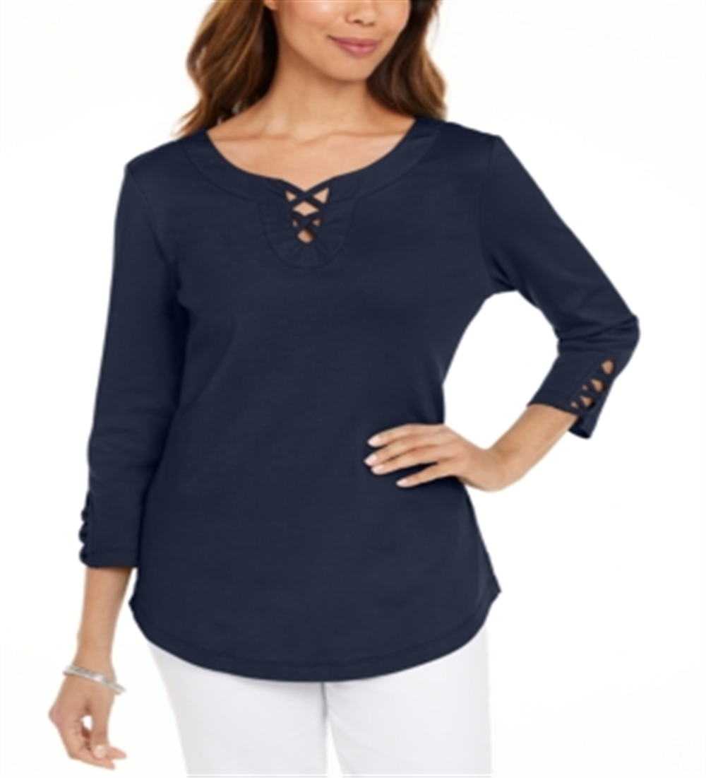 Karen Scott Women's Cotton Lace-up T-Shirt Blue Size Large