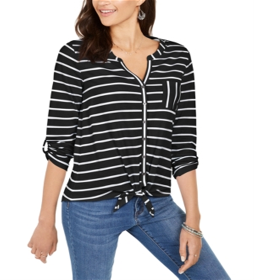 Style & Co Women's Printed Tie-Front Top Black Size X-Small