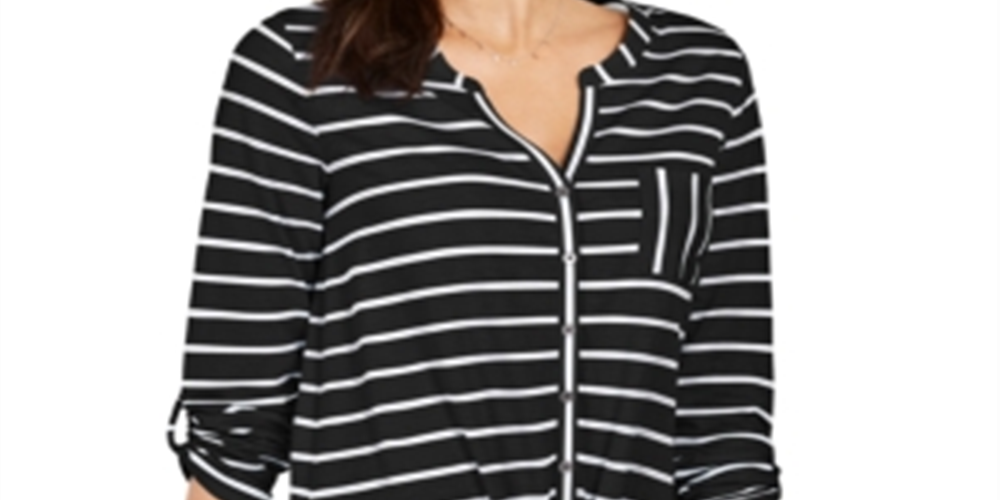 Style & Co Women's Printed Tie-Front Top Black Size X-Small