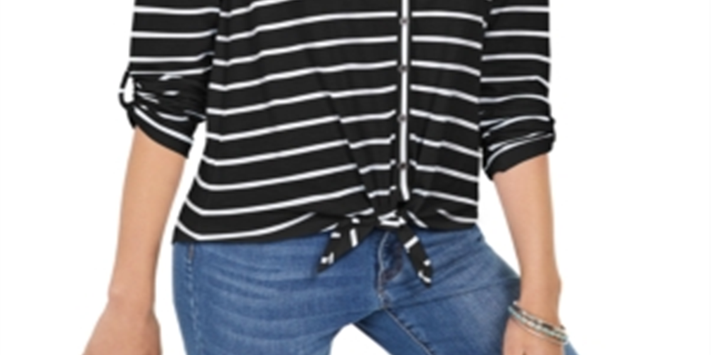 Style & Co Women's Printed Tie-Front Top Black Size X-Small