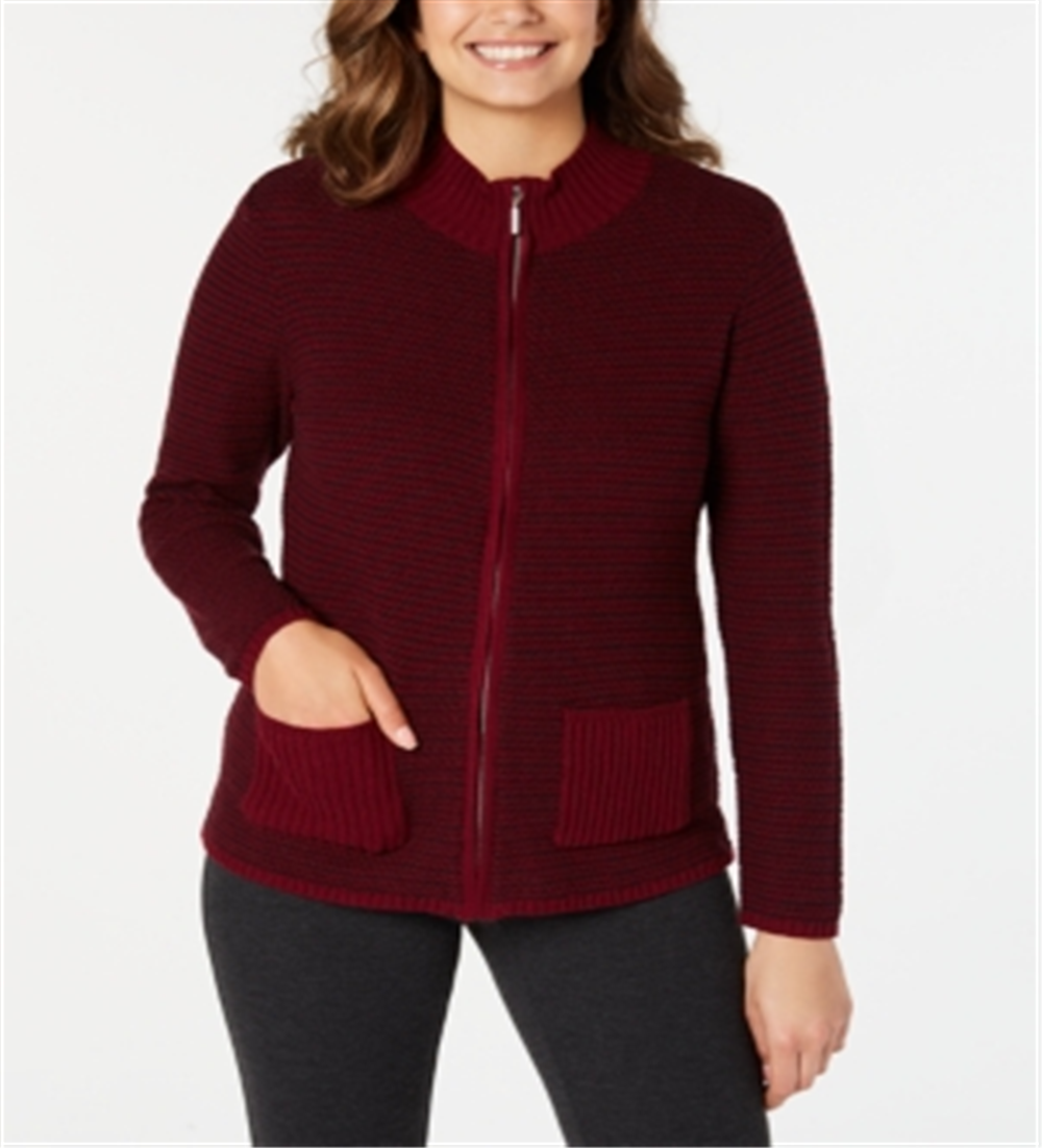 Karen Scott Women's Textured Zip-Front Cardigan Red Size Medium
