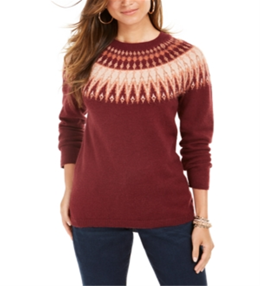 Style & Co Women's Fair Isle Crewneck Sweater Combo Red Size Petite