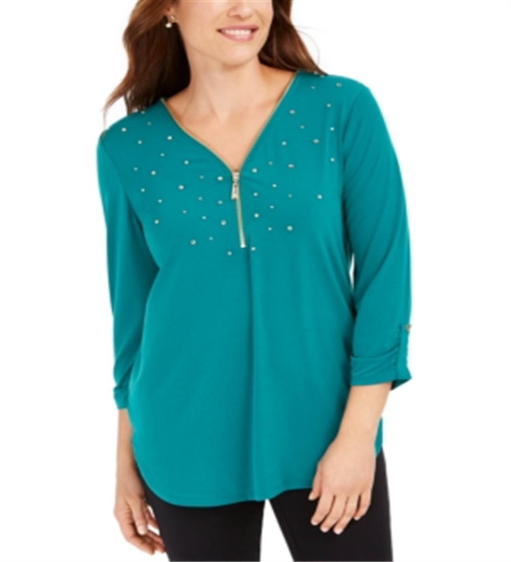 JM Collection Women's Embellished Zipper-Trim Top Green Size PSM