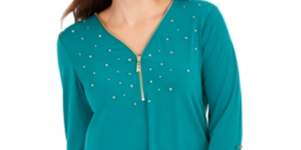JM Collection Women's Embellished Zipper-Trim Top Green Size PSM