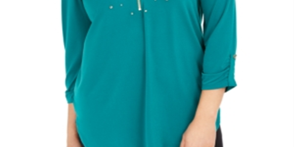 JM Collection Women's Embellished Zipper-Trim Top Green Size PSM