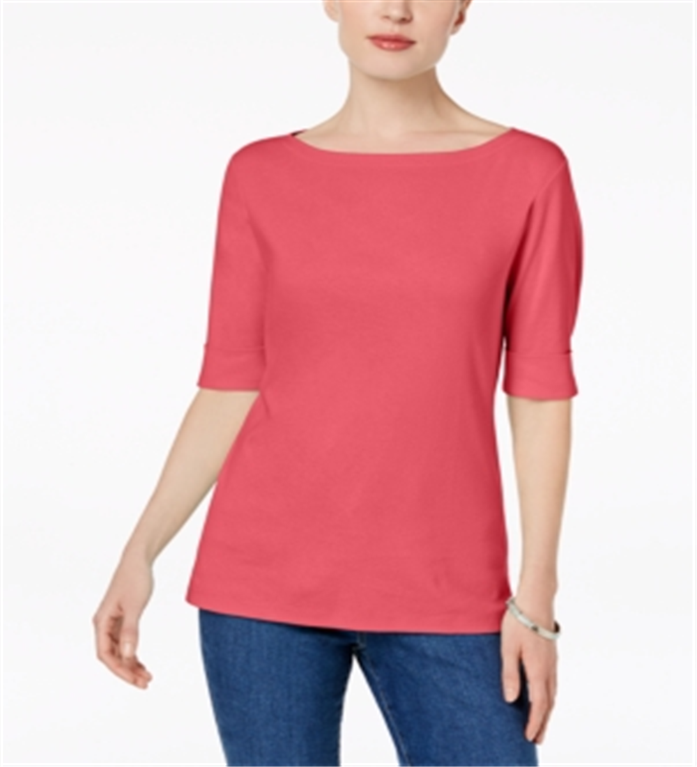Karen Scott Women's Cotton Elbow-Sleeve Top Peony Coral Size Small