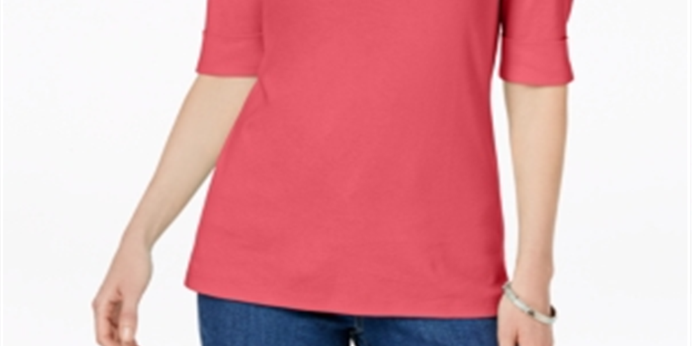 Karen Scott Women's Cotton Elbow-Sleeve Top Peony Coral Size Small