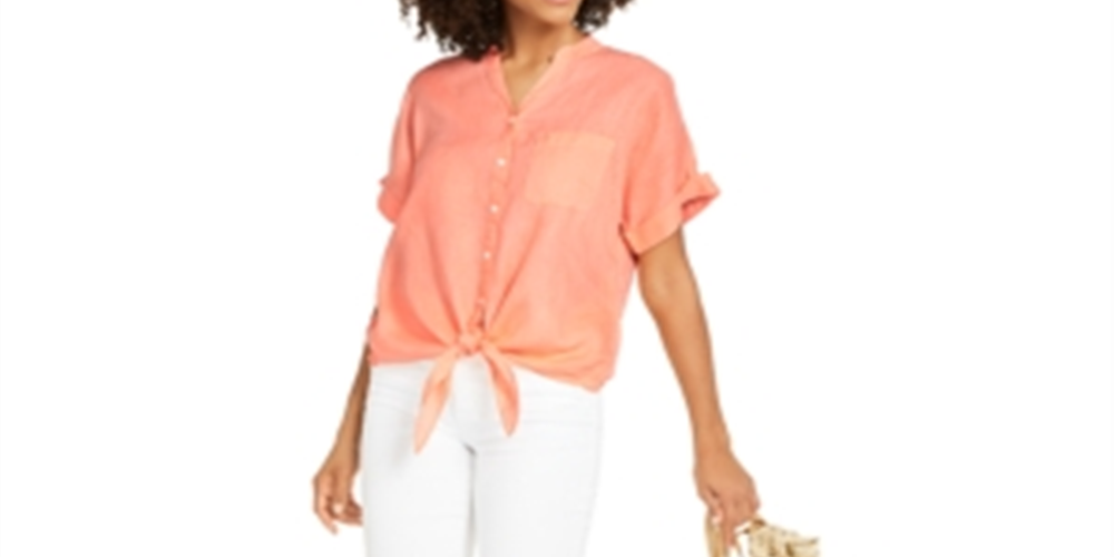 Charter Club Women's Linen Tie-Front Button-up Shirt Orange Size Medium