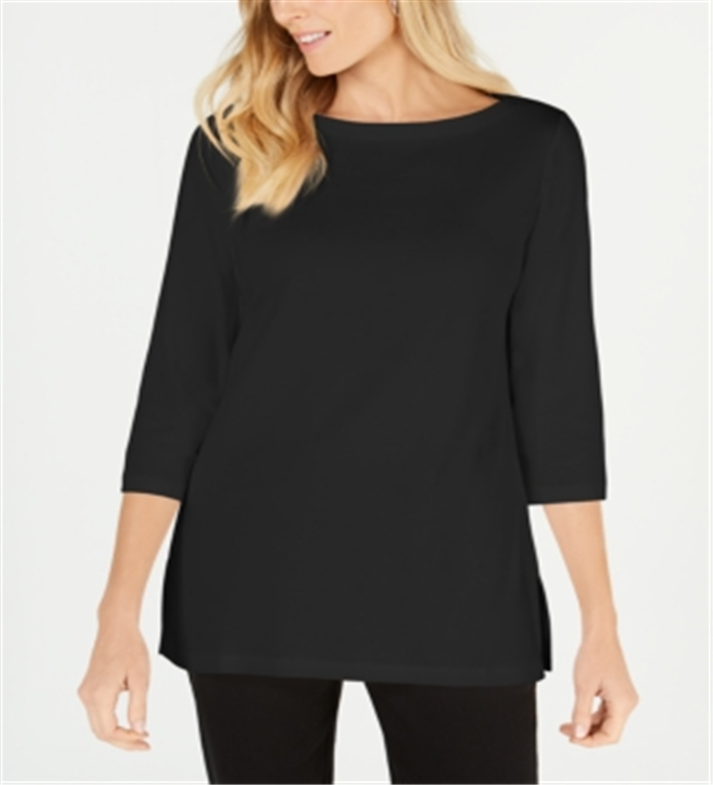Karen Scott Women's Cotton Boat-Neck 3/4-Sleeve Knit Top Black Size X-Small