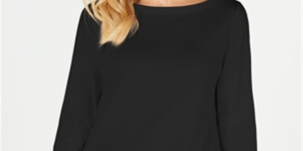 Karen Scott Women's Cotton Boat-Neck 3/4-Sleeve Knit Top Black Size X-Small