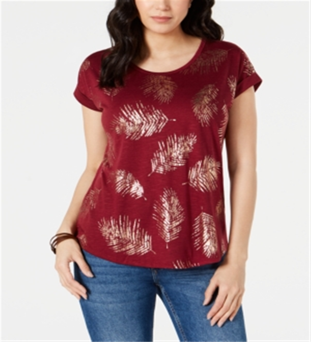 Style & Co Women's Leaf-Print Scoop-Neck Top Red Size Medium