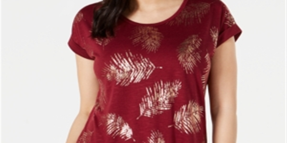 Style & Co Women's Leaf-Print Scoop-Neck Top Red Size Medium