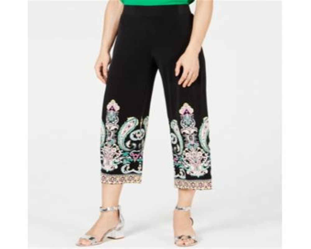 INC International Concepts Women's Printed Cropped Wide Pants Paisley PP Black Size Petite Small