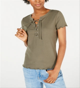 Hippie Rose Juniors' Lace-up Rib-Knit Top Green Size X-Large