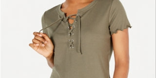 Hippie Rose Juniors' Lace-up Rib-Knit Top Green Size X-Large