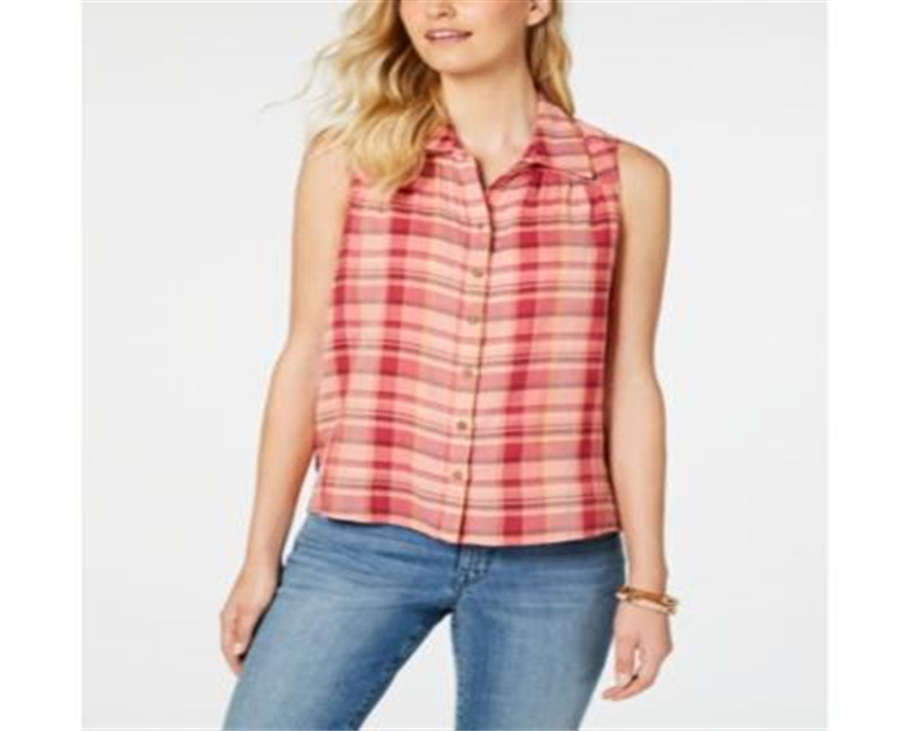 Style & Co Women's Plaid Sleeveless Top Pink Size X-Small