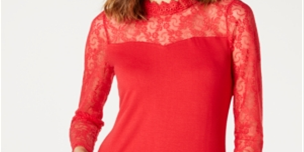 INC International Concepts Women's Lace-Yolk Top Red Size PSM