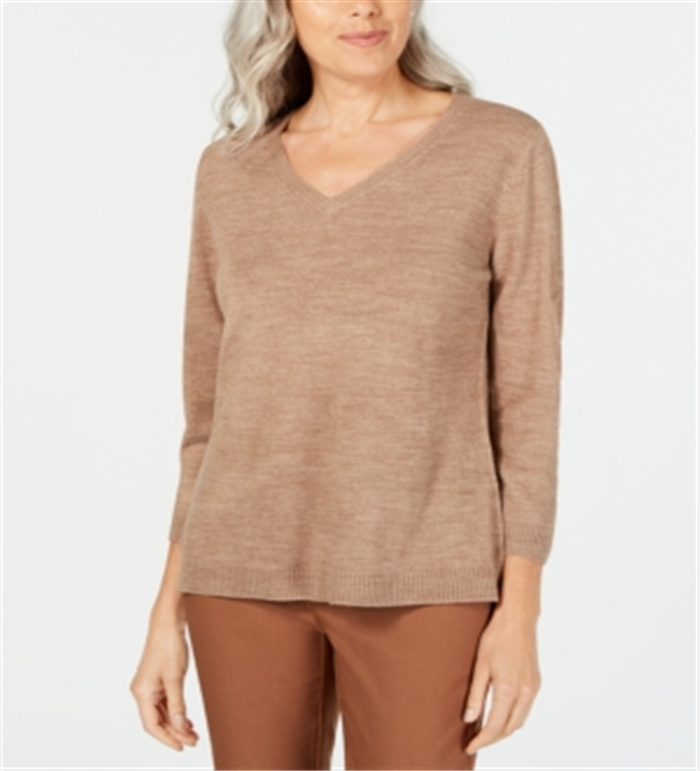 Karen Scott Women's Heather Long Sleeve V Neck T-Shirt Top Brown Size Petite Small