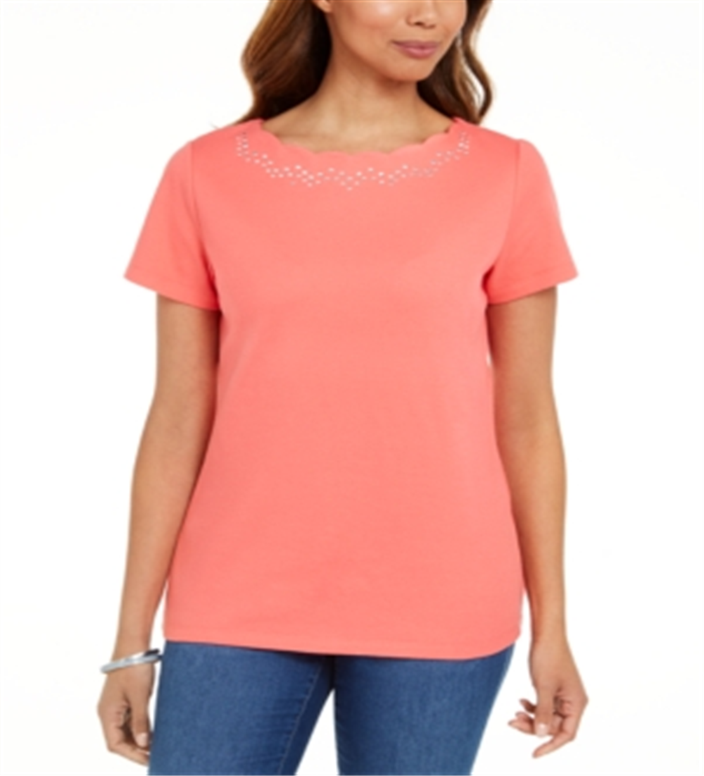 Karen Scott Women's Cotton Scalloped-Neck T-Shirt Orange Size Small