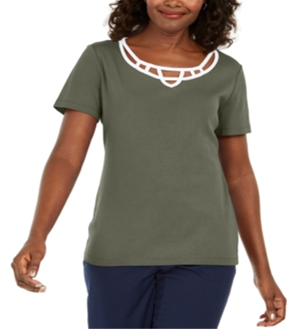 Karen Scott Women's Cotton Lattice-Trim Top Green Size Small
