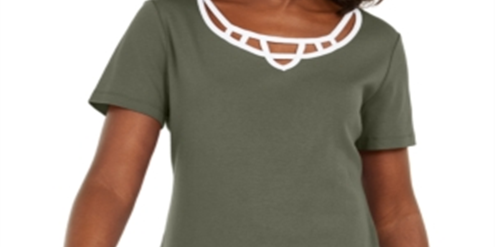 Karen Scott Women's Cotton Lattice-Trim Top Green Size Small