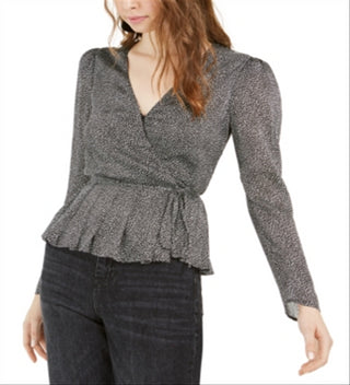 Leyden Women's Printed Pleated Wrap Top Black Size Large