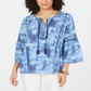Style & Co Women's Split-Neck Tassel Trim Top Blue Size X-Small